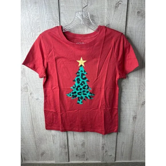 Mighty Fine Leopard Print Christmas Tree Red T Shirt Holiday Womens M - Picture 1 of 6